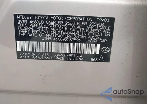 2009 Lexus Es 350 from USA, damaged, VIN JTHBJ46G892289596